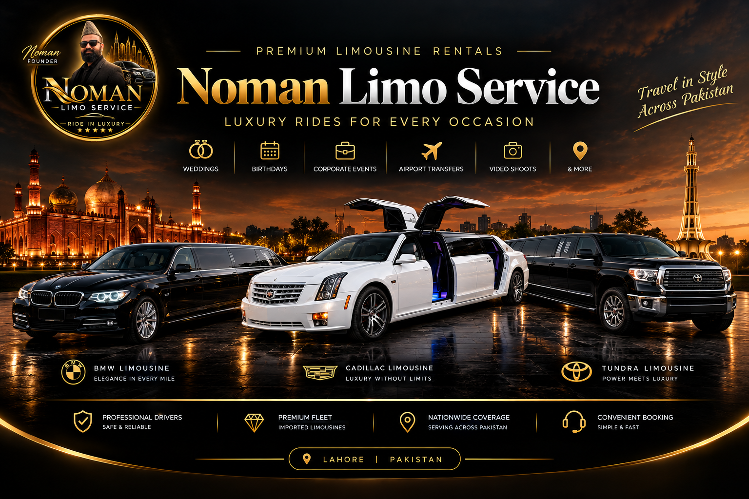 Noman Limo Service luxury limousine parked at an event in Lahore